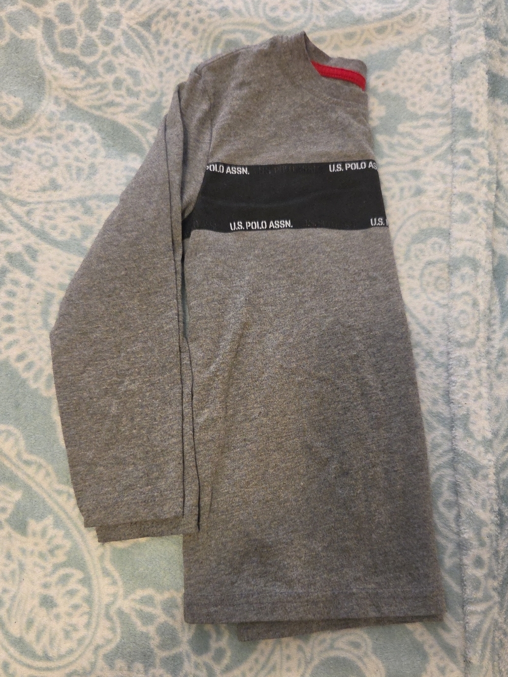 U.S. Polo Assn. Gray Long Sleeve Tee with Black Chest Band and Red Trim